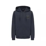 Campera con capucha y cierre frontal, color azul marino, con bolsillos tipo canguro y logo circular de la marca estampado en el pecho.