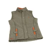 Chaleco beige capitoneado con cierre frontal y cuello de pana marrón.