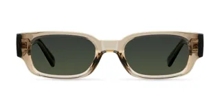 Lentes de sol rectangulares color beige con lentes verdes.