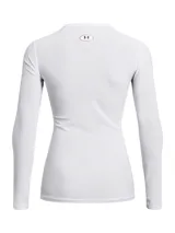 Remera blanca de manga larga Under Armour HeatGear Compression, con logo negro en el pecho y calce ajustado.