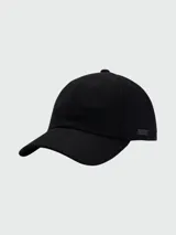 Gorra negra de lana con visera curva y etiqueta con logo de cuero sintético en el lateral.