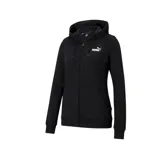 Campera Puma Ess Small Logo negra con cierre frontal, capucha con cordones ajustables, bolsillos laterales y logo pequeño estampado en el pecho.