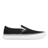 Championes Vans Skate Slip-On negros de gamuza, con elástico lateral y suela blanca de goma. Diseñados para skateboarding, con tecnología Duracap y Popcush para mayor durabilidad y amortiguación.