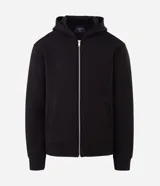 Campera bomber con capucha confeccionada en tejido técnico estructurado. Presenta cierre frontal con cremallera, bolsillos laterales y puños y cintura con elástico. Diseño versátil de corte estándar.