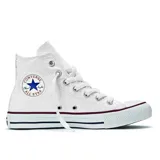 Championes Converse Chuck Taylor All Star de caña alta, color blanco con detalles en azul y rojo.
