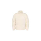 Campera puffer Lacoste color beige claro, con cuello alto, cierre frontal y bolsillos laterales. Presenta el icónico logo de cocodrilo bordado en el pecho.