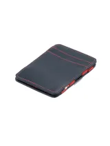 Billetera compacta de cuero color tostado con sistema mágico de bandas elásticas interiores y protección RFID.