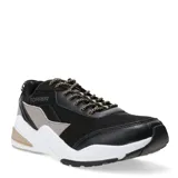 Championes deportivos Topper modelo Circus, de diseño robusto con combinación de materiales sintéticos y malla en color negro, gris y detalles en beige. Presentan suela gruesa blanca con amortiguación y cordones jaspeados.