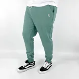 Pantalón de jogging verde con puños ajustados, bolsillos laterales y logo bordado de un pato en el muslo.
