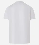 Remera deportiva blanca de poliéster con cuello redondo, mangas cortas y estampa geométrica en el pecho.