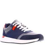 Championes urbanos N+ modelo Tila, con diseño en bloques de color azul marino, gris y detalles en naranja. Presentan cierre con cordones blancos, suela blanca con base oscura y estructura combinada de materiales sintéticos.