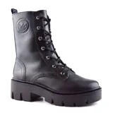 Bota de cuero sintético color marrón con cordones negros, caña media y suela de plataforma con diseño track.