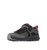 Championes de senderismo Columbia Konos Low para hombre, en color gris oscuro con detalles en negro y toques de rojo. Presentan un diseño técnico con empeine de malla transpirable y sobrecapas sintéticas para mayor soporte, mediasuela con tecnología de amortiguación y suela de caucho de alta tracción.