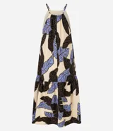 Vestido evasê largo midi de frente única, confeccionado en viscosa, con estampado de hojas en tonos beige, negro y celeste.