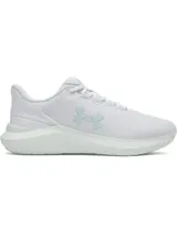 Championes de running Under Armour modelo Phade RN 3, color blanco con logo en tono verde agua claro. Presentan una parte superior de malla transpirable, entresuela de amortiguación EVA y suela de goma flexible.