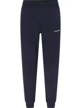 Pantalón de jogging azul marino de algodón y poliéster reciclado, con cintura elástica, bolsillos laterales y logo de Calvin Klein en la pierna izquierda.