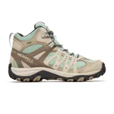 Bota de trekking de caña media Merrell Accentor 3 Mid WP para mujer, color beige con detalles en marrón y verde agua. Confeccionada en ante y malla impermeable, con suela de goma adherente y cordones reciclados.