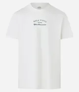 Remera blanca de algodón con cuello redondo y manga corta. Estampa frontal con texto "Bela Vista Trattoria".