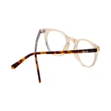 Lentes de receta con armazón de eco acetato en tono traslúcido, con diseño de forma redondeada y patillas con patrón carey.