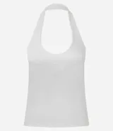 Blusa corta de viscosa en color blanco, con diseño de cuello halter y espalda descubierta.