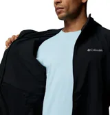Campera cortaviento Columbia Trailborne Jacket Omni-Shield de color negro, con capucha integrada, cierre frontal y bolsillos laterales con cremallera. Cuenta con tecnología Omni-Shield que repele la humedad y resiste las manchas.