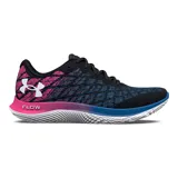 Championes de running Under Armour modelo Flow Velociti, con tecnología de amortiguación Flow de una sola pieza y parte superior Warp para mayor sujeción y transpirabilidad. Diseño multicolor con base negra, detalles en rosa y azul, y suela blanca texturizada.