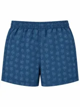 Short de baño con diseño de rayas diagonales anchas en color marrón y beige, cintura elástica con cordón de ajuste blanco y bolsillos laterales.