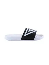 Ojotas blancas con tira ancha negra y logo de Umbro estampado en blanco.