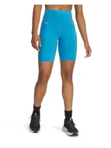 Calza corta deportiva azul con cintura alta y logo de la marca en la pierna izquierda.