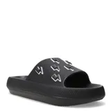 Chanclas negras de goma con apliques blancos en forma de rayo.