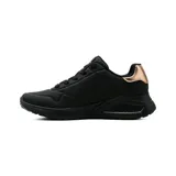 Championes Skechers modelo Uno Lite Shimmer Along, color negro con detalles metalizados en tono oro rosado en el talón y el logotipo lateral. Cuentan con capellada de durabuck sintético con perforaciones sutiles, cordones negros y entresuela de plataforma.