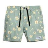 Boardshort Critical Slide modelo Splatter, color verde con estampado de flores amarillas y cordón de ajuste negro en la cintura.