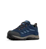 Championes de trekking Columbia modelo Crestwood Waterproof, color azul oscuro con detalles en naranja. Presentan una construcción impermeable con tecnología Omni-Tech, entresuela TechLite para amortiguación y suela Omni-Grip para tracción en diversos terrenos.