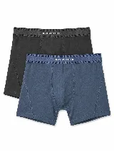 Pack de dos bóxers lisos de algodón elastizado, uno en color negro y otro en azul marino, con cintura elástica con el nombre de la marca impreso.