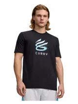 Remera de manga corta color negro con estampado frontal del logo de Stephen Curry en tonos celestes y blancos. Confeccionada en tejido de mezcla de algodón y poliéster, con cuello acanalado.
