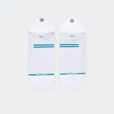 Par de medias tobilleras blancas de la marca Stance, con tejido de punto transpirable y dos franjas horizontales de color turquesa en el empeine. Presentan el logo de Stance en el talón y la indicación de talla (LRG) en la parte superior.
