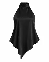 Top satinado color crudo con cuello halter y espalda abierta, de corte fluido con terminación asimétrica en pico.