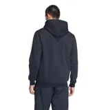 Canguro Adidas con capucha y cordones ajustables, color negro. Presenta las icónicas tres rayas blancas en las mangas y el logo del trébol bordado en el pecho. Incluye bolsillo frontal tipo canguro y puños acanalados.