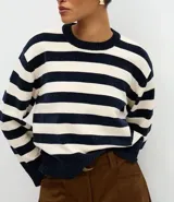 Suéter de cuello redondo confeccionado en tejido de chenille con diseño de rayas horizontales. Presenta mangas largas con puños acanalados y bajo ajustado, ofreciendo una textura suave y aterciopelada.