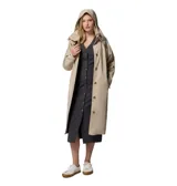 Impermeable gabardina de mujer Columbia modelo Amaze Trench Rain, en color beige claro, con capucha desmontable, cuello alto, cierre frontal con botones y puños ajustables con tiras y botones.