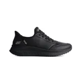 Championes deportivos Skechers modelo Bobs Squad 4 Key Look, color negro. Presentan un diseño slip-in sin cordones con tecnología No Tie Fit, plantilla acolchada Memory Foam para mayor confort y soporte en el talón Heel Pillow. Suela flexible y ligera con diseño moderno.