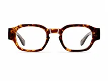 Lentes con filtro de luz azul modelo Chinua Tigris, con armazón geométrico de carey y lentes transparentes.