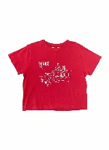 Remera de algodón color beige claro, de manga corta y cuello redondo, con un estampado lineal azul claro que representa la silueta de Venecia.