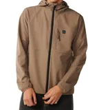 Campera Rip Curl Elite Dwr color marrón, con capucha ajustable, cierre frontal negro y bolsillos con cierre. Presenta un diseño repelente al agua y un pequeno parche con el logo de la marca en el pecho.