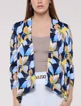 Cardigan abierto de manga larga en seda fría con estampado multicolor en tonos rosados, naranjas, verdes y negros.