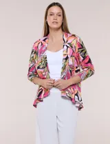 Cardigan abierto de manga larga en seda fría con estampado multicolor en tonos rosados, naranjas, verdes y negros.