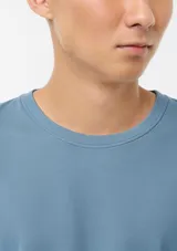 Remera básica celeste de corte regular, con cuello redondo y mangas cortas.