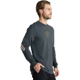 Remera de manga larga color gris oscuro, con cuello redondo y estampa circular pequeña en color amarillo en el centro del pecho.