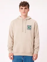 Canguro negro con capucha de Rusty, confeccionado en terciopelo francés de algodón y poliéster. Presenta un gran estampado multicolor en la espalda con diseño gráfico de la marca en tonos azules, rosados y blancos con marco ornamentado.