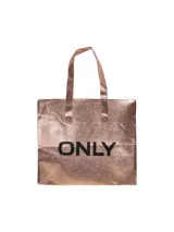 Bolso shopper color oro rosado metalizado con doble asa de mano y estampado frontal con la palabra "ONLY" en color negro.